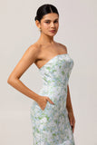 White and Blue Floral Strapless Sheath Satin Long Wedding Guest Dress