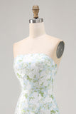 White Blue Floral Printed Strapless Sheath Satin Maxi Wedding Guest Dress