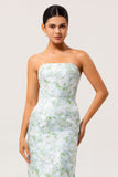 White and Blue Floral Strapless Sheath Satin Long Wedding Guest Dress