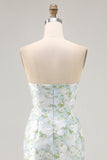 White Blue Floral Printed Strapless Sheath Satin Maxi Wedding Guest Dress