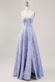 Blue Floral Jacquard Corset Maxi A Line Wedding Guest Dress with Slit