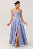 Blue Corset Floral A Line Jacquard Maxi Wedding Guest Dress with Slit