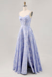 Blue Floral Jacquard Corset Maxi A Line Wedding Guest Dress with Slit