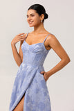 Blue Corset Floral A Line Jacquard Maxi Wedding Guest Dress with Slit