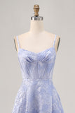 Blue Floral Jacquard Corset Maxi A Line Wedding Guest Dress with Slit