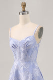 Blue Floral Jacquard Corset Maxi A Line Wedding Guest Dress with Slit