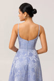 Blue Corset Floral A Line Jacquard Maxi Wedding Guest Dress with Slit