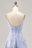 Blue Floral Jacquard Corset Maxi A Line Wedding Guest Dress with Slit