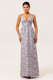 Purple Ruched Floral Spaghetti Straps Long Wedding Guest Dress