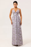 Purple Ruched Floral Spaghetti Straps Long Wedding Guest Dress