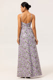 Purple Ruched Floral Spaghetti Straps Long Wedding Guest Dress