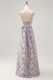 Purple Ruched Floral Spaghetti Straps Long Wedding Guest Dress