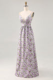 Purple Floral Ruched Spaghetti Straps A Line Maxi Wedding Guest Dress