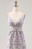 Purple Floral Ruched Spaghetti Straps A Line Maxi Wedding Guest Dress