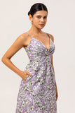 Purple Ruched Floral Spaghetti Straps Long Wedding Guest Dress
