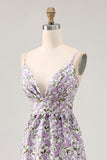 Purple Floral Ruched Spaghetti Straps A Line Maxi Wedding Guest Dress