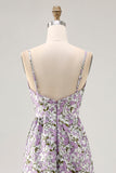 Purple Floral Ruched Spaghetti Straps A Line Maxi Wedding Guest Dress