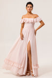 Blush Corset Floral Ruffled A Line Maxi Bridesmaid Dress with Bow