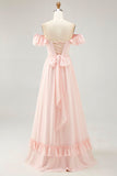 Blush Corset Floral Maxi Ruffled Bridesmaid Dress with Bow