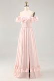 Blush Corset Floral Ruffled A Line Maxi Bridesmaid Dress with Bow