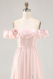 Blush Corset Floral Ruffled A Line Maxi Bridesmaid Dress with Bow