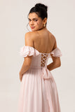Blush Corset Floral Maxi Ruffled Bridesmaid Dress with Bow
