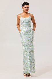 White Sage Sheath Floral Maxi Bridesmaid Dress with Pockets