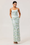 White Sage Sheath Floral Maxi Bridesmaid Dress with Pockets