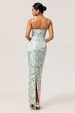 White Sage Sheath Floral Maxi Bridesmaid Dress with Pockets