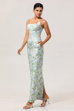 White Sage Sheath Floral Maxi Bridesmaid Dress with Pockets