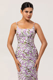 Purple Sheath Floral Spaghetti Straps Long Bridesmaid Dress with Slit