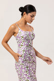 Purple Sheath Floral Spaghetti Straps Long Bridesmaid Dress with Slit