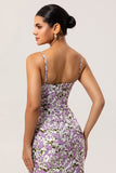 Purple Sheath Floral Spaghetti Straps Long Bridesmaid Dress with Slit