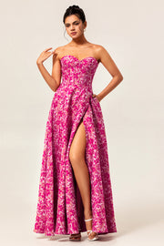 Fuchsia Corset Floral Sweetheart Long Wedding Guest Dress with Slit