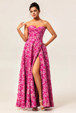 Fuchsia Corset Floral Sweetheart Long Wedding Guest Dress with Slit
