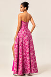Fuchsia Corset Floral Sweetheart Long Wedding Guest Dress with Slit