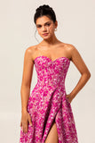 Fuchsia Corset Floral Sweetheart Long Wedding Guest Dress with Slit