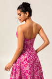 Fuchsia Corset Floral Sweetheart Long Wedding Guest Dress with Slit