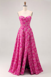 Fuchsia Corset Floral A Line Long Wedding Guest Dress with Slit