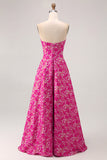 Fuchsia Corset Floral Sweetheart Long Wedding Guest Dress with Slit