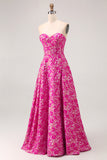 Fuchsia Corset Floral A Line Long Wedding Guest Dress with Slit