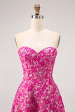 Fuchsia Corset Floral A Line Long Wedding Guest Dress with Slit