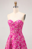 Fuchsia Corset Floral A Line Long Wedding Guest Dress with Slit