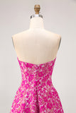 Fuchsia Corset Floral A Line Long Wedding Guest Dress with Slit