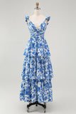 Blue V-Neck Floral Tiered Long Bridesmaid Dress with Ruffles