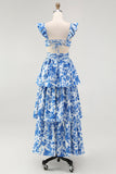 Blue V-Neck Floral Tiered Long Bridesmaid Dress with Ruffles