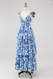 Blue V-Neck Floral Tiered Long Bridesmaid Dress with Ruffles