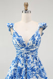 Blue V-Neck Floral Tiered Long Bridesmaid Dress with Ruffles