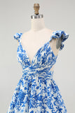 Blue V-Neck Floral Tiered Long Bridesmaid Dress with Ruffles