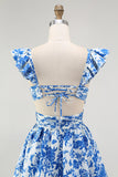 Blue V-Neck Floral Tiered Long Bridesmaid Dress with Ruffles